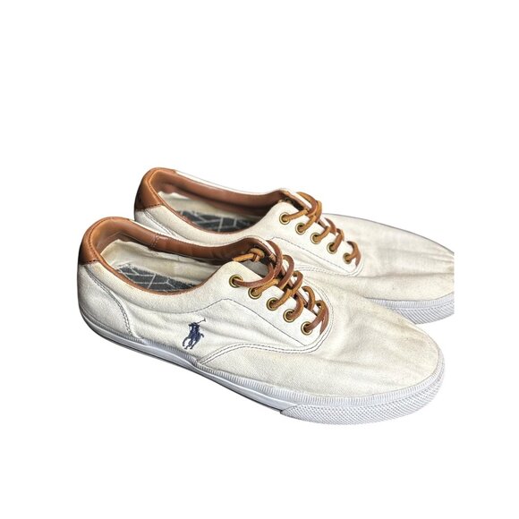Polo Ralph Lauren Vaughn 9.5D Mens Casual Lace-Up Canvas Sneakers White & Tan Le - Picture 1 of 10
